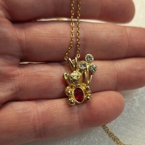 Vintage Goldtone Teddy Bear Pendant Necklace DM 99 Red & Clear Rhinestones 17"